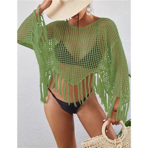 Crochet Cover Up for Women Hollow Out Swimsuit Coverup Long Sleeve Beach Top - Picture 5 of 6